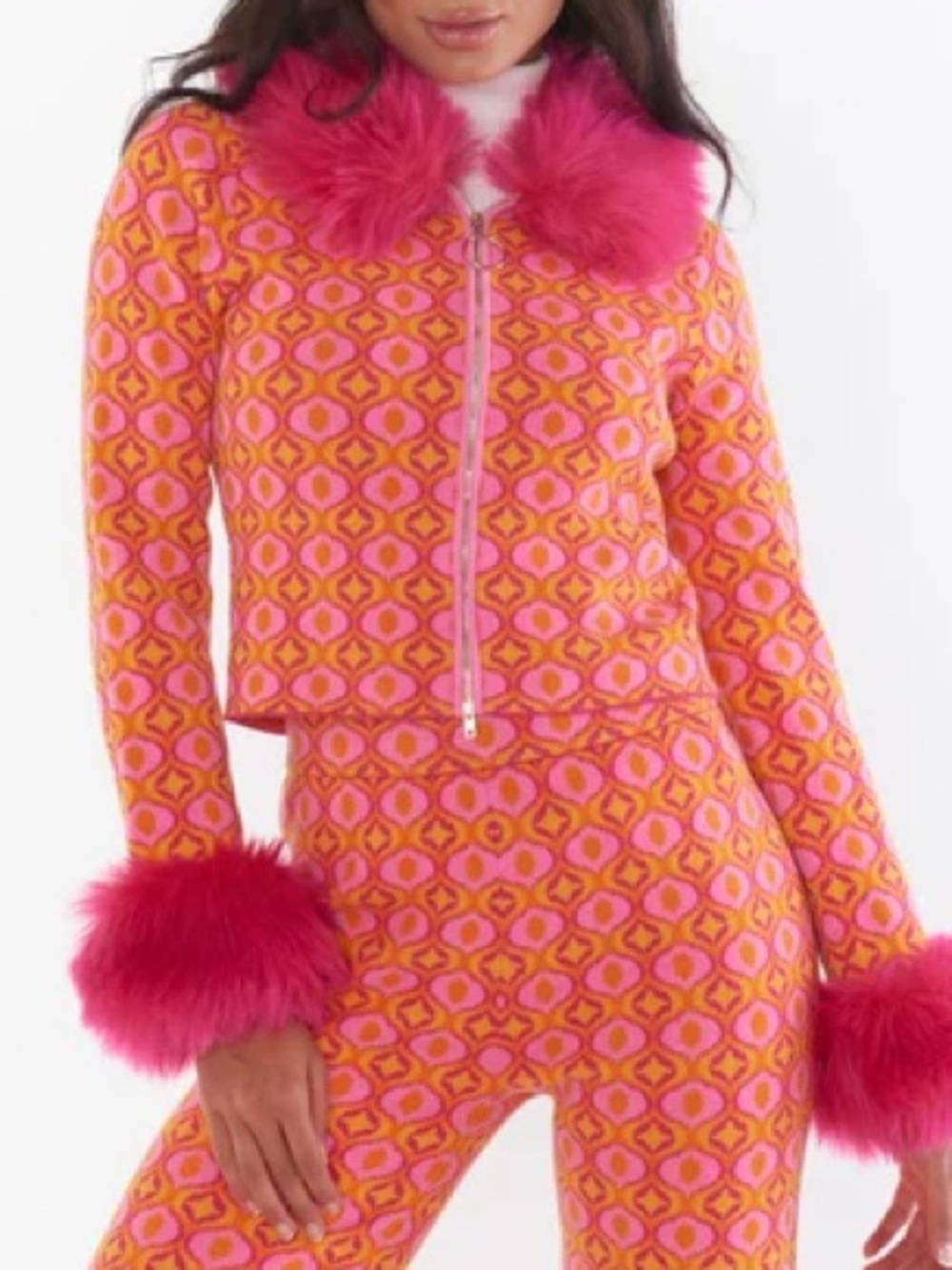 Show Me Your MuMu Pink and Orange Geometric Zip Cardigan with Fuchsia Fur Trim